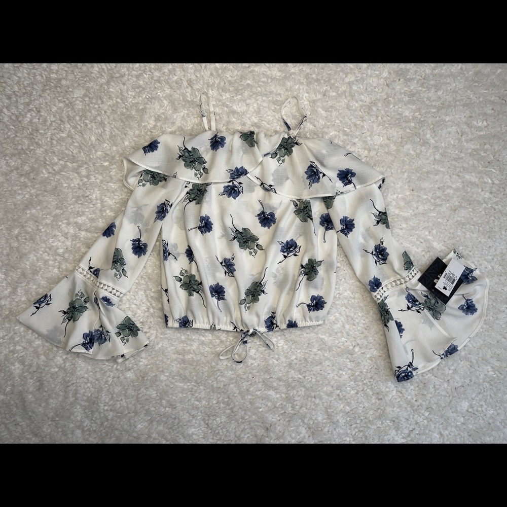 NWT white blue floral off the shoulder long sleeve blouse XS